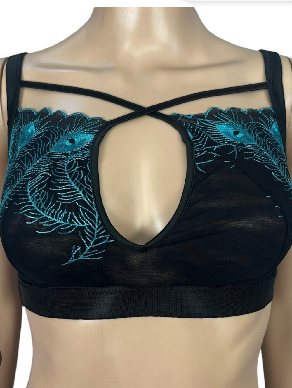 Empress Mimi Black Bralette with Teal Peacock Feather Embroidery Size Medium